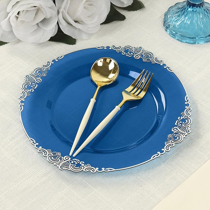 Efavormart 10 Pack | 8" Translucent Navy and Silver Baroque Dessert Plates, Leaf Embossed Metallic Rim Shatterproof Appetizer Plates for Nautical Showers