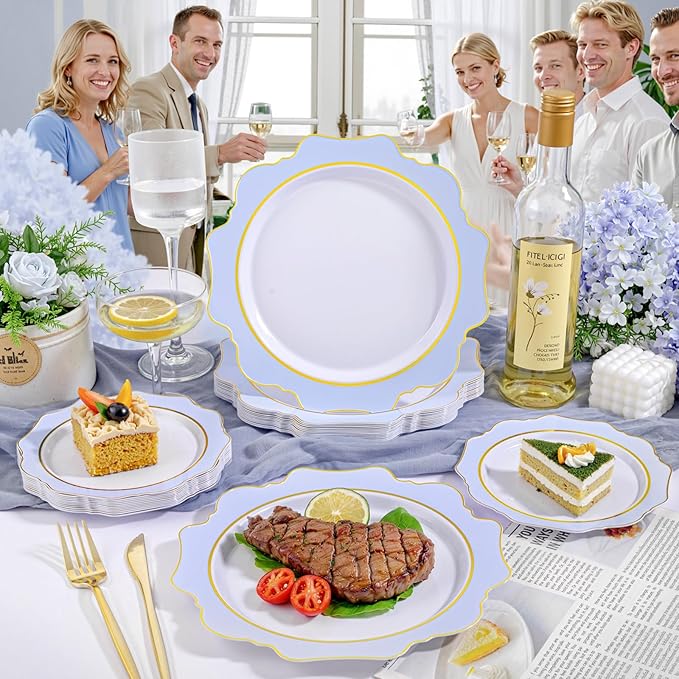 WDF 100PCS Blue Plastic Plates - Light Blue Plates Disposable - Heavy Duty Scalloped Plastic Plate for Parties/Wedding/Baby Shower (Pack of 2)
