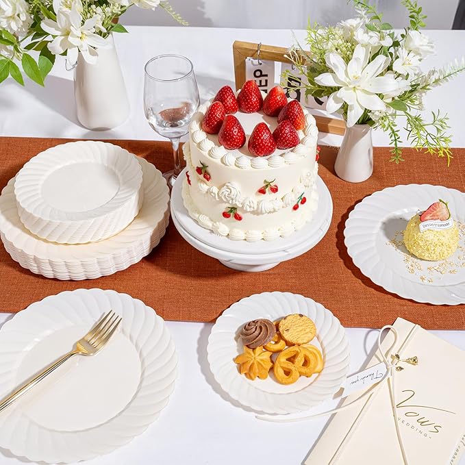 U-QE 100 Count 6 Inch Ivory Plastic Plates - Scalloped Dessert Plates Disposable - Premium Fancy Disposable Heavy Duty Party Supplies for Party, Celebrations, Weddings and Events