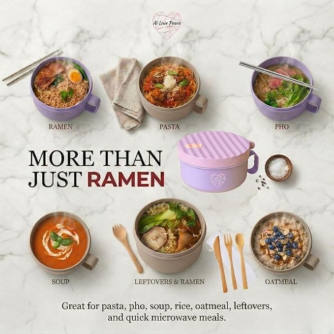 AI LOVE PEACE 2 Pack Microwave Ramen Bowls, 40 oz Ramen Noodle Bowl Set with Lids, Soup Bowls for Pho, Pasta, Rice and Oatmeal, Dishwasher Safe (Purple & Beige)