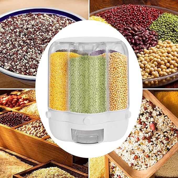 Grain Storage Container Dispenser, 6 Grids rice dispenser rotating, 360° rotating food dispenser One-Click Output rice Storage Round Grain Dispenser Kitchen (White Large 1.53kg)