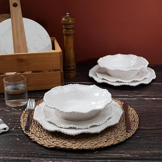 Cream Beaded Dinner Plate Set, 11-inch Chip Resistant, Lightweight Round Kitchen Plates Set for Salad, Pasta –Unbreakable RV, Camping Dining Serving Dishes for Parties