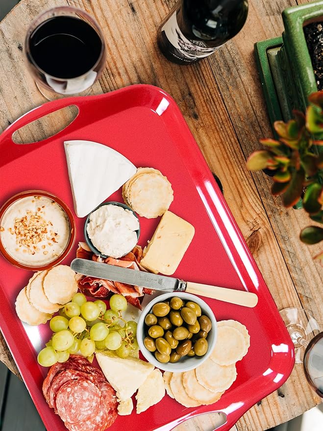 KAQAHIDO Large Melamine Serving Trays for Eating, 17.5’’ x 12’’ Serve Platter for Appetizer, Charcuterie, Food, Snack, Cupcakes, Dessert, BPA-Free, Dishwasher Safe Tray, Set of 2, Red