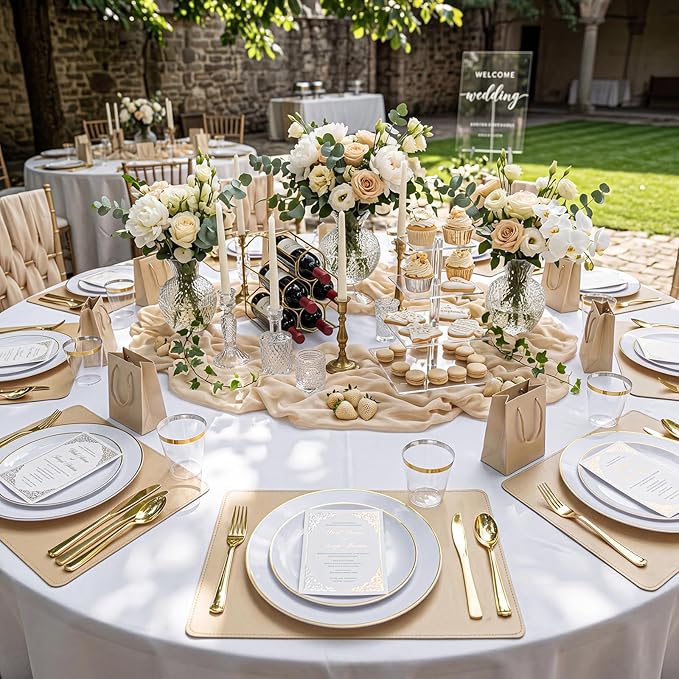 KIRE 100PCS Disposable Plates - White with Gold Rim Plastic Plates - Includes 50Pieces 10.25inch Dinner and 50Pieces 7.5inch Dessert/Salad Plate for Wedding/Spring Party/Graduation