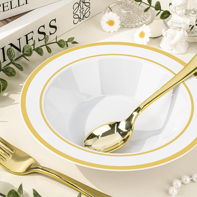 BESTVIP 100 Pack Plastic Bowls with Gold Rim, 12 oz Disposable Soup Bowls, Heavy-duty Dessert Salad Bowl for Party, Wedding, Christmas, Dinner, Catering