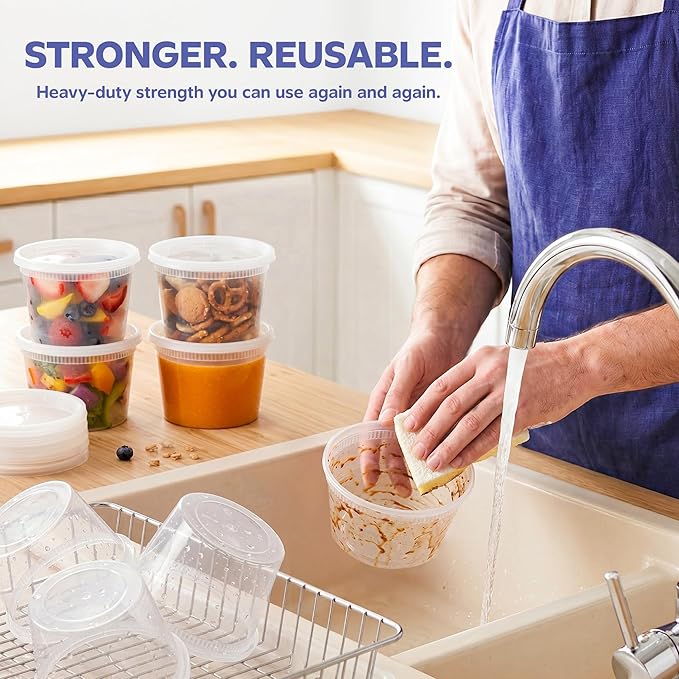 GUSTO [48 Sets 16 oz. Plastic Deli Disposable Food Storage Containers With Airtight Lids (Formerly Comfy Package)