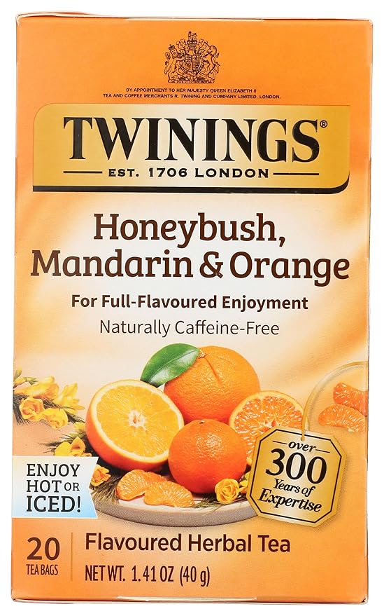 Twinings Honeybush, Mandarin, & Orange Herbal Tea Individually Wrapped Bags, 20 Count (Pack of 1), Naturally Caffeine-Free, Enjoy Hot or Iced, 20 Teabags