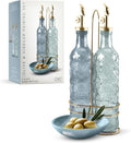 COOK WITH COLOR Glass Olive Oil Bottle Dispenser - 2 Pack- 17oz Oil and Vinegar Cruet - Olive Oil Carafe Decanter for Kitchen, Floral, Blue