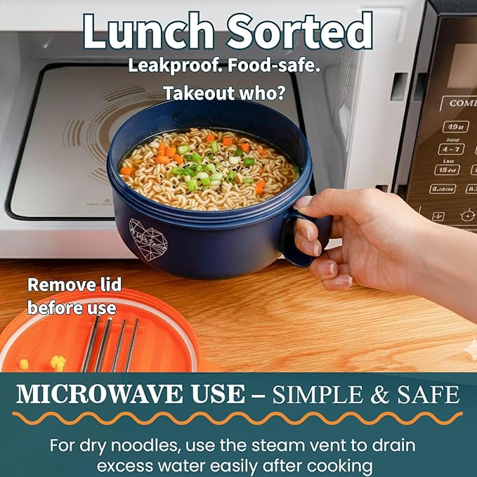 AI LOVE PEACE Ramen Bowl, 40 oz Microwaveable Noodle Cooker for Ramen, Pho, Soup, and Pasta, Dishwasher Safe and Portable, Ideal for Home, Office, Dorm, or Gift (Orange)