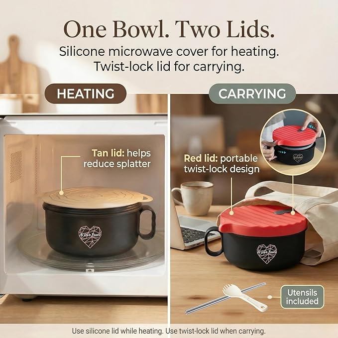 AI LOVE PEACE Microwaveable Ramen Noodle Bowl Cooker 40oz for Ramen, Rice, Pho, Soup, and Pasta, Dishwasher Safe and Portable, Ideal for Home, Office, Dorm, or Gift (Red)