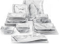 MALACASA 26-Piece Marble Grey Square Dinnerware Sets, Flora Porcelain Dinner Set for 6, Service for 6, Microwave & Dishwasher Safe, BPA, Lead & Cadmium Free