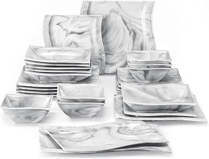 MALACASA 26-Piece Marble Grey Square Dinnerware Sets, Flora Porcelain Dinner Set for 6, Service for 6, Microwave & Dishwasher Safe, BPA, Lead & Cadmium Free