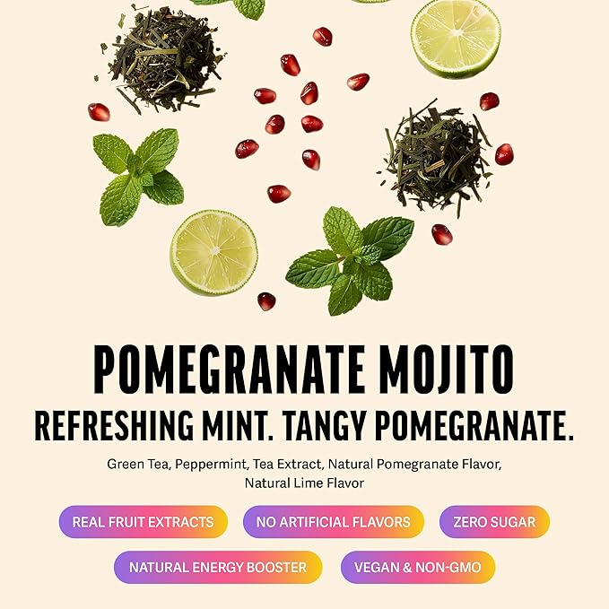 Zest Energy Green Tea - Pomegranate Mojito Loose Leaf Blend - High Caffeine Peppermint - Caffeinated Coffee Substitute - Natural, Non-GMO & Keto Friendly - Hot or Iced - 50 Servings - 135mg Caf