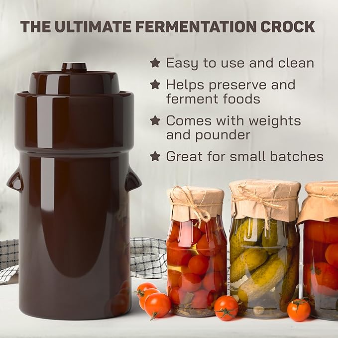 Fermentation Crock 1 Gallon - Sauerkraut Crock with Lid, Weights & Pounder - Ceramic Fermenting Crock Kit for Pickling Cabbage Kimchi Vegetables - 4 Liter Fermentation Jar - Stoneware Pickle Pot