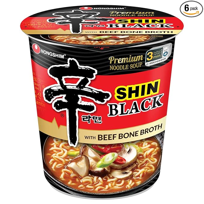 Nongshim Premium Shin Black Instant Ramen Noodle Cup, 6 Pack, Bold & Spicy, Beef Bone Broth, Microwaveable Ramen Soup Mix