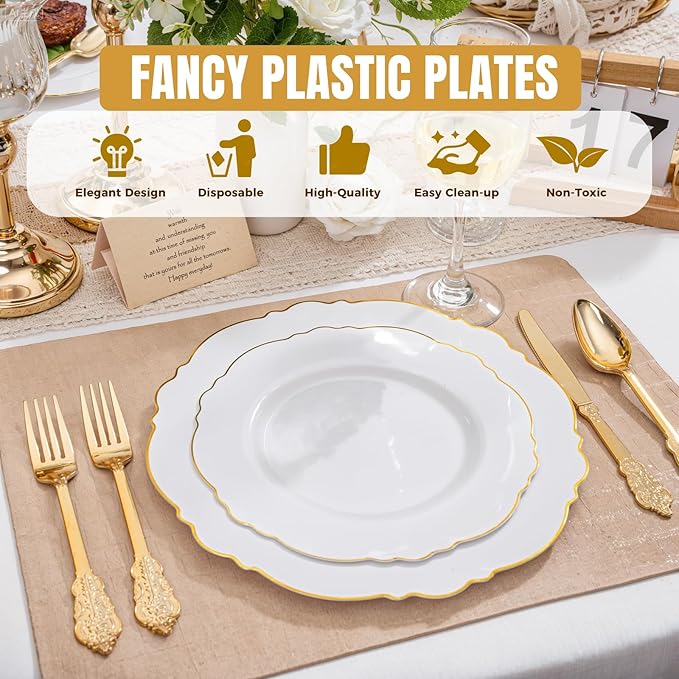 WDF 60pcs Gold Plastic Dinner Plates -10.25inch Baroque White and Gold Plates Fancy Plastic Plates for Upscale Party/Wedding/Birthday