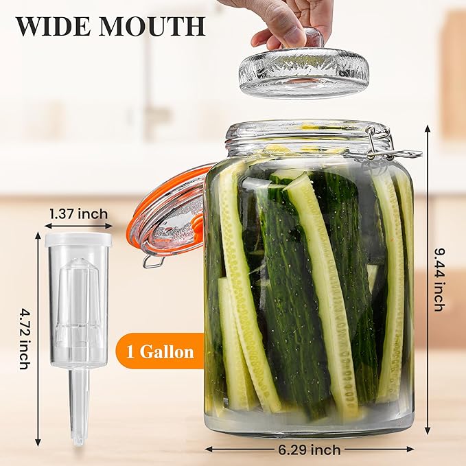 1 Gallon Glass Fermentation Jar with Air Lock, Complete Fermenting Kit for Sauerkraut, Kimchi, Kombucha & Homemade Pickles