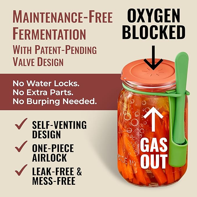 Basic Fermentation Kit for Wide Mouth Mason Jars - 6 Pack Silicone Fermenting Lids, Waterless Airlock Fermentation Tops for Pickles, Kimchi, Fermented Probiotic Food - Weights NOT Included