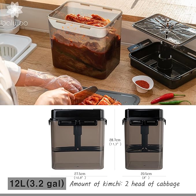 SMART Automatic Press Plate Food Storage Container for Kimchi Sauerkraut Pickle Fermentaion/Airtight Lid Food Storage Container for Preserved Food Bulk Fermentation (12L / 3.2 gal)