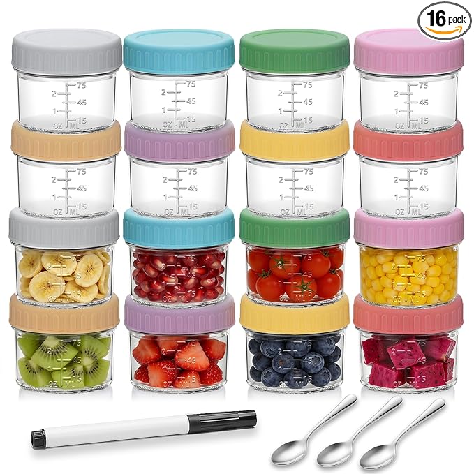 Accguan 16 Pack Glass Baby Food Storage Containers, 4 oz Baby Food Jars with Lids, Baby Food Maker for Microwave & Dishwasher Freezer Safe,BPA Free