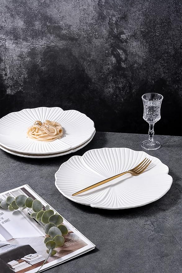 Jusalpha Set of 3-Japanese Style Flower Petal Shaped Porcelain Dinner Plates, Versatile Circular Serving Plates for Breakfast, Salad, Steak Dinner, PL019 (Flat plate, 10'', White)