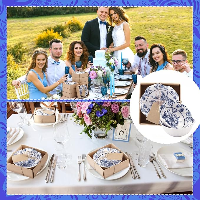 SiliFine 12 Pcs Wedding Favors for Guests Small Ceramic Bowl Bulk Gifts Set 3.3 Inch Floral Design Mini Dipping Sauce Dish with Card Box for Bridal Pooja Baby Shower Birthday (Flower,Blue)