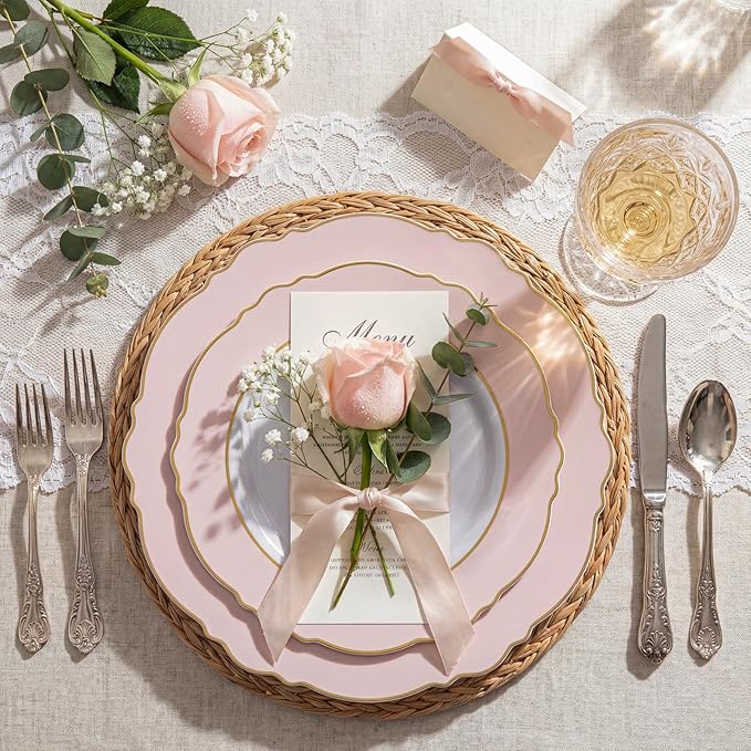 WDF 60pcs Pink Plastic Plates - 10.25inch Baroque Pink And Gold Disposable Dinner Plates for Upscale Parties -Special for Baby Shower/Birthday/Weddings