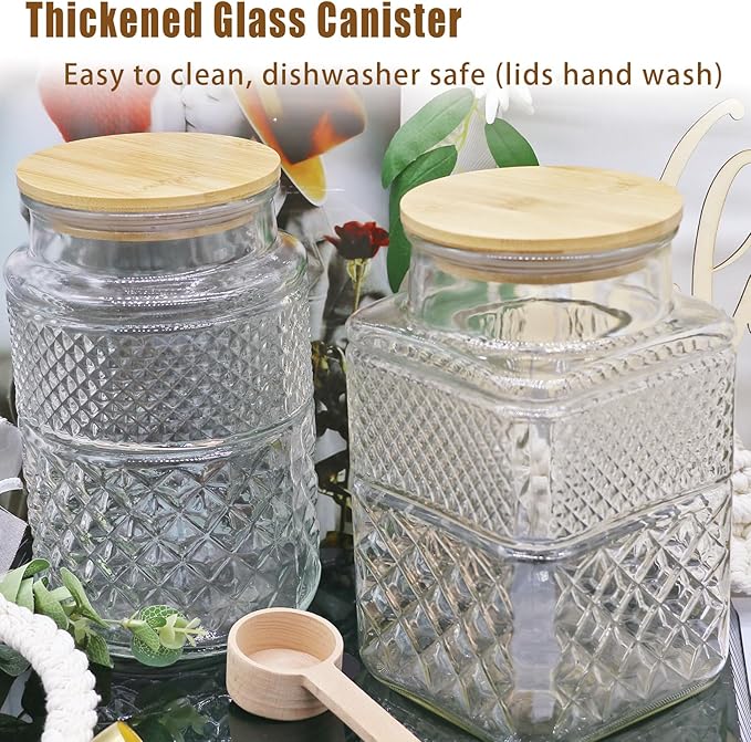 Viovian Vintage Glass Jar with Lid Wood Spoon 60 OZ Round Thick Glass Storage Jars Airtight Lids Decorative Canister Container for Food Candy Cookie Sugar Coffee Tea Nuts Snack Bath Salt