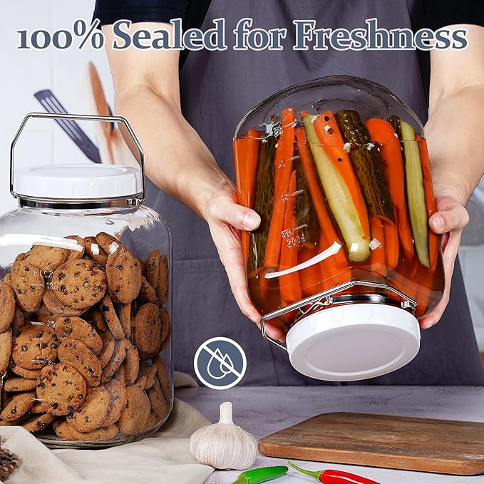 2 Pack 1.5 Gallon Glass Jar with Lid Wide Mouth, Large Mason Jar with Airtight Screw Lid and Handle, Clear Glass Storage Containers with 2 Scale Mark for Flour, Cookie, Candy, Kombucha and Fermention