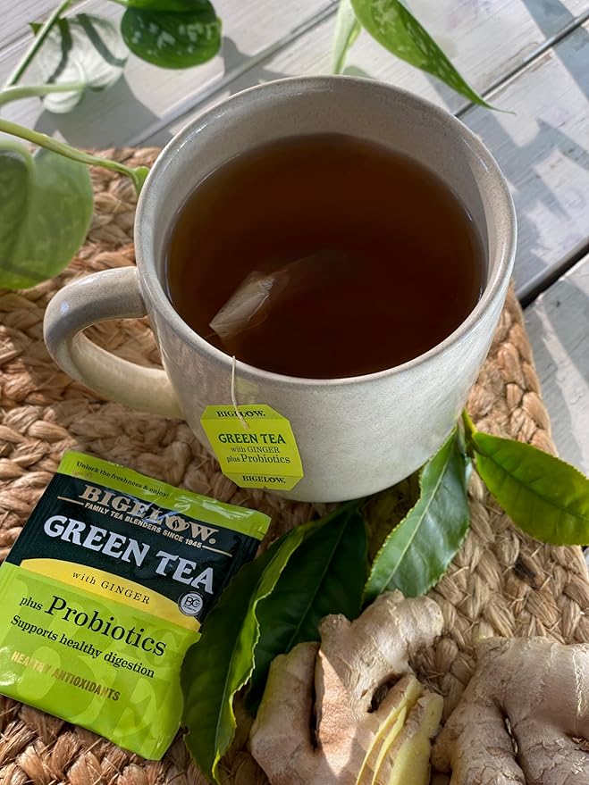Bigelow Tea Green Tea with Ginger Plus Probiotics, Caffeinated, 18 Count, (Pack of 1), 18 Total Tea Bags