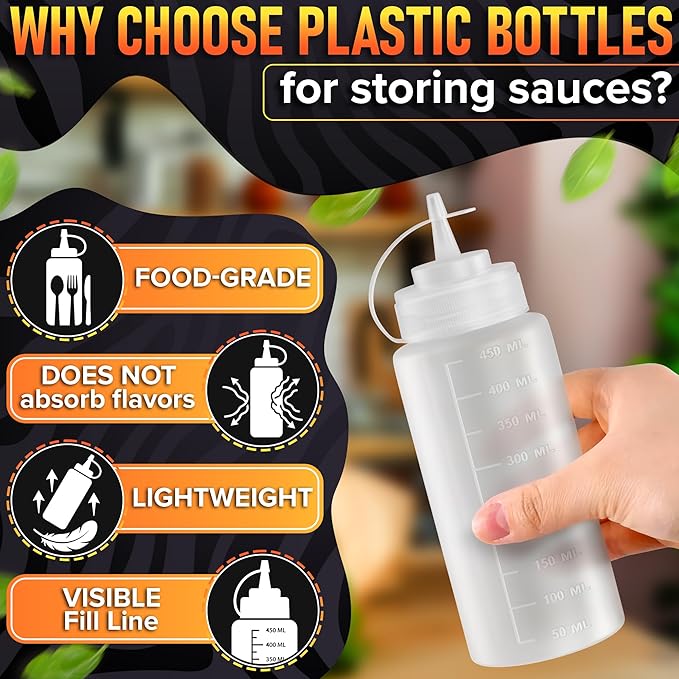 10-Pack Plastic Condiment Squeeze Bottles 16 oz – Refillable Squirt Bottles with Narrow Tip, Leak-Resistant | Great for Oil, Sauces, Ketchup, Mayonnaise, Syrup, Dressing, Holiday BBQ, & Home Dining