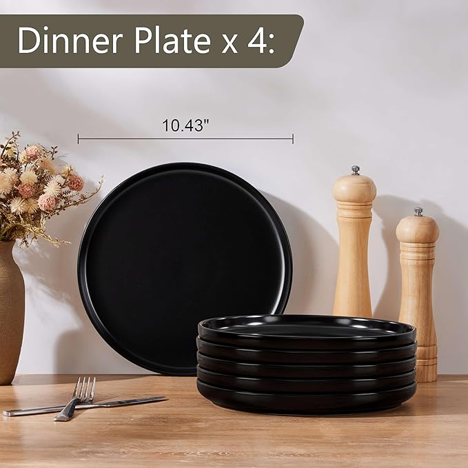 Herogo 4-Piece Stoneware Dinner Plates Set, 10.43" Ceramic Round Plate Set, Double Reactive Glaze Large Dinnerware Plates for Kitchen, Microwave, Oven and Dishwasher Safe, Matte Black