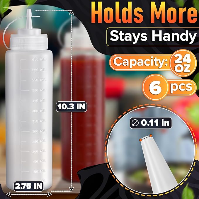 6-Pack Plastic Condiment Squeeze Bottles 24oz – Refillable Squirt Bottles with Narrow Tip, Leak-Resistant | Great for Oil, Sauces, Ketchup, Mayonnaise, Syrup, Dressing, BBQ Stations & Catering Use