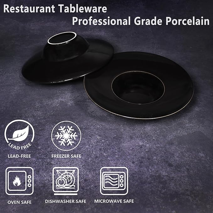 Ceramics Rimmed Soup Bowls 8.5 oz, Black 10.4 inch Exquisite small soup plate Set of 4, Pasta plates With Rim is the best choice for hotels, kitchens, fine restaurants and gourmets