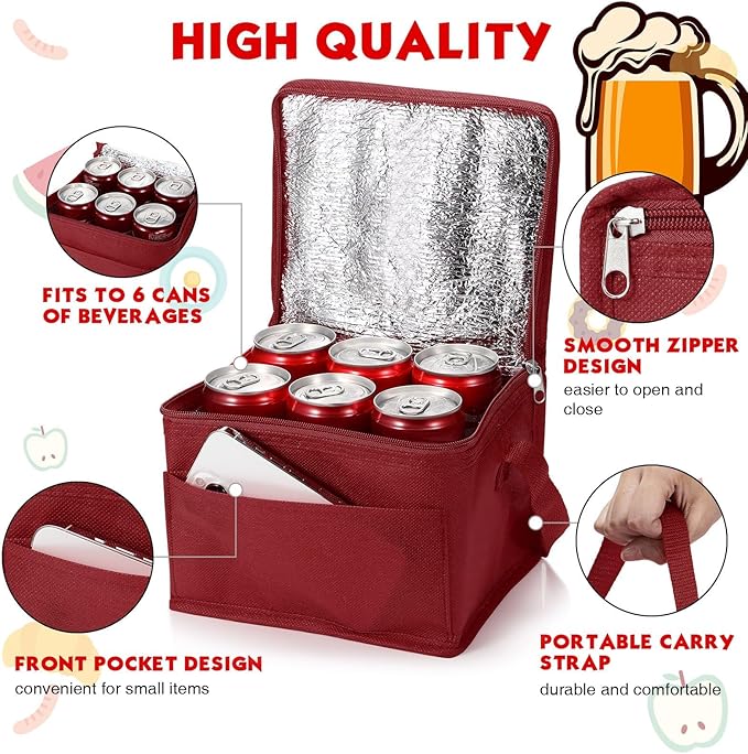 Nuogo 15 Pack Insulated Lunch Bags Bulk, Reusable Cooler Boxes, Leakproof Lunch Boxes Set, Waterproof Thermal Coolers, Insulated Beverage Bag for Women Men Work Picnic Beach(Wine Red)