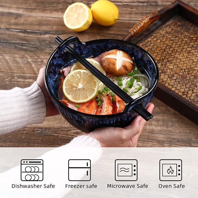 Ramen Bowl with Chopsticks and Spoons Set, 7 Inch Ceramic Noodle Bowl Set of 2, Dishwasher Safe for Pho Udon Soba Noodle Salad Pasta, Special Reactive Glazed Navy Bowls Set
