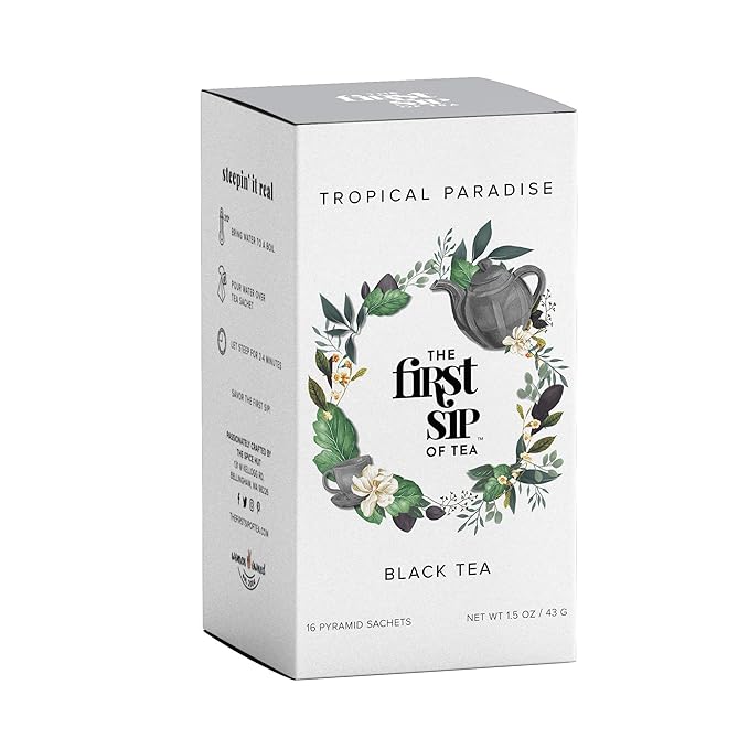 Tropical Paradise, Mango, Strawberry, Papaya, Black & Green Tea, Pyramid Sachet Tea Bags, Caffeinated, Hot & Iced Tea - 16 Cups | The Spice Hut, First Sip Of Tea