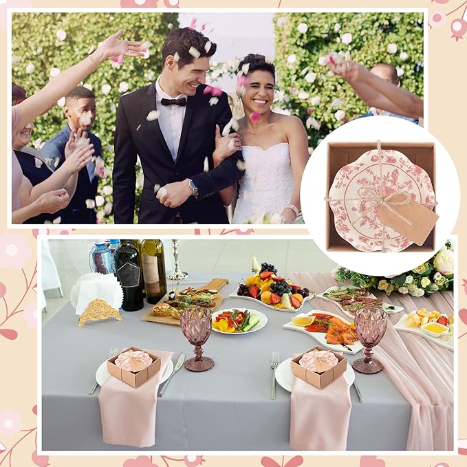 SiliFine 12 Pcs Wedding Favors for Guests Small Ceramic Bowl Bulk Gifts Set 3.3 Inch Floral Design Mini Dipping Sauce Dish with Card Box for Bridal Pooja Baby Shower Birthday (Flower,Pink)