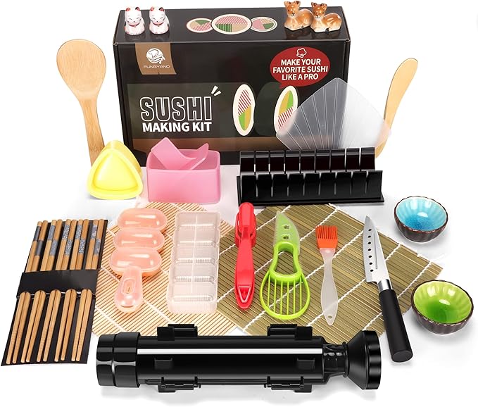 FUNGYAND Sushi Making Kit, 27-in-1 Professional Maker Set with Bazooka Roller, Nigiri & Musubi Presses, Bamboo Mats, Knife, Chopsticks, Ceramic Dishes - Ideal for Beginners