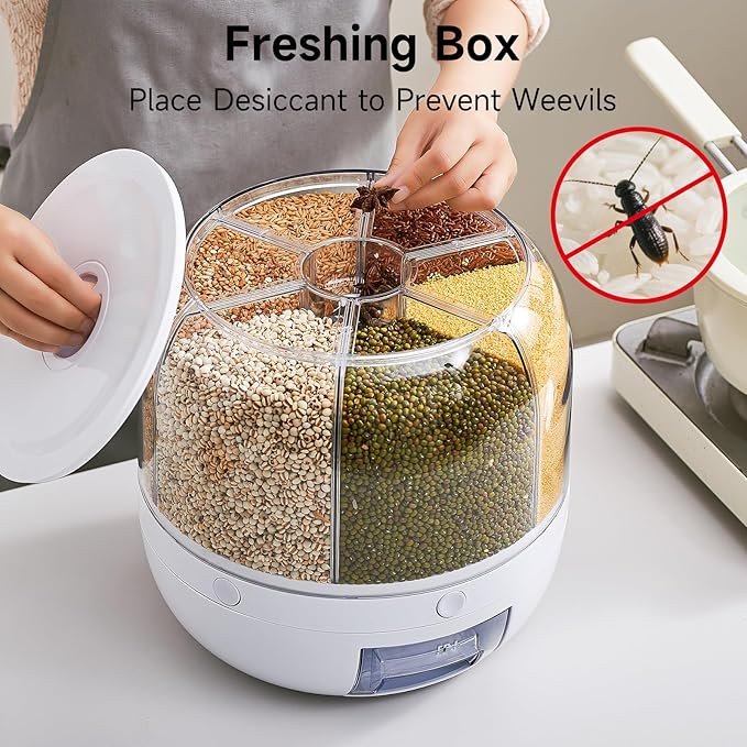 UFORU Rice Dispenser | 360° Rotating Grain Storage Bin - 6 Grids, 20LBS Large Capacity Food Container, Moisture-Proof, One-Click Output for Rice, Beans & Pet Food - Kitchen Pantry Organizer