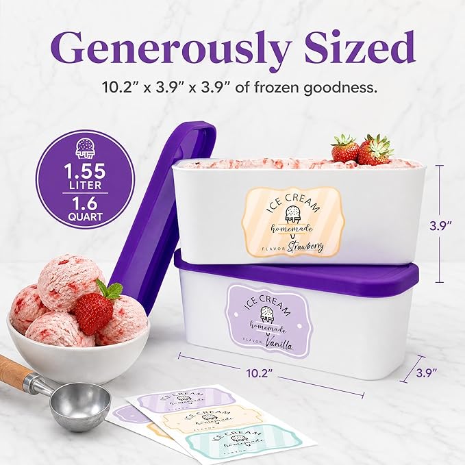 Set of 2 Reusable Ice Cream Tub Containers 1.6 Quart Ea. - Perfect for Homemade Sorbet, Frozen Yogurt Or Gelato - Stackable Storage Containers, Stickers And Lids Stores Easily In Freezer