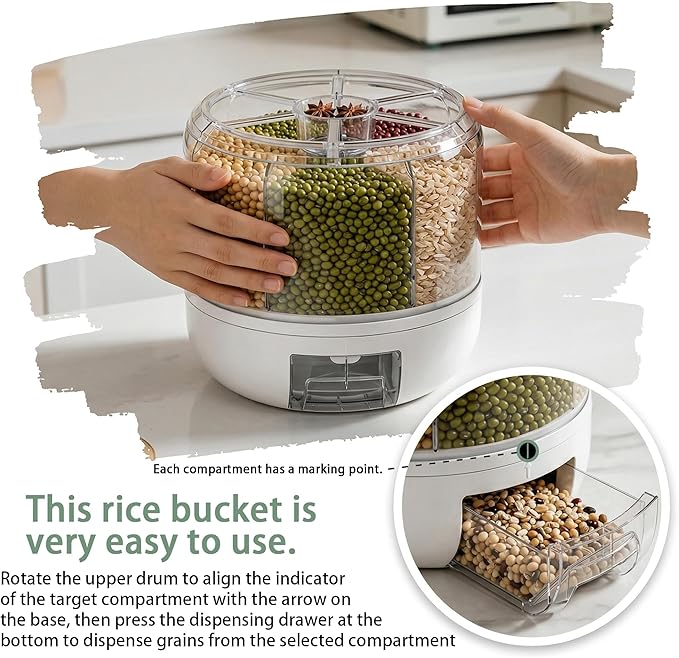360° Rotating Grain Dispenser | 6-Grid Rice Dispenser with One-Click Dispensing | Airtight Cereal Container for Rice, Beans, Grains Storage (Black, Small)