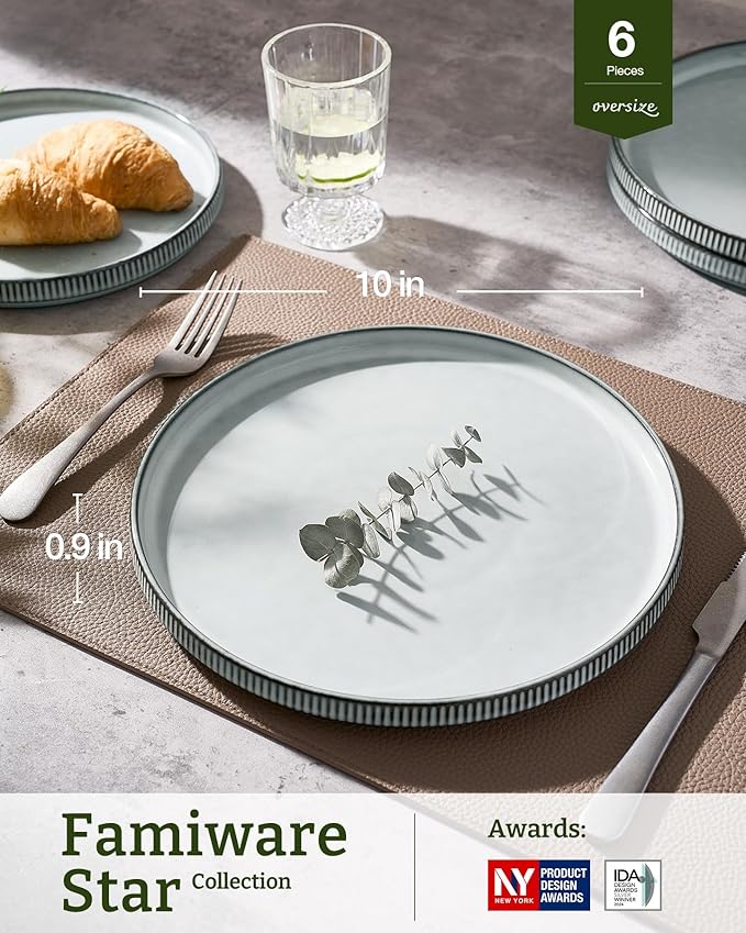 famiware Star Dinner Plates for 6, 10 inches Plate Set, Scratch Resistant, Stoneware Dinnerware, Kitchen Modern Rustic Serving Dishes, Smoky Blue