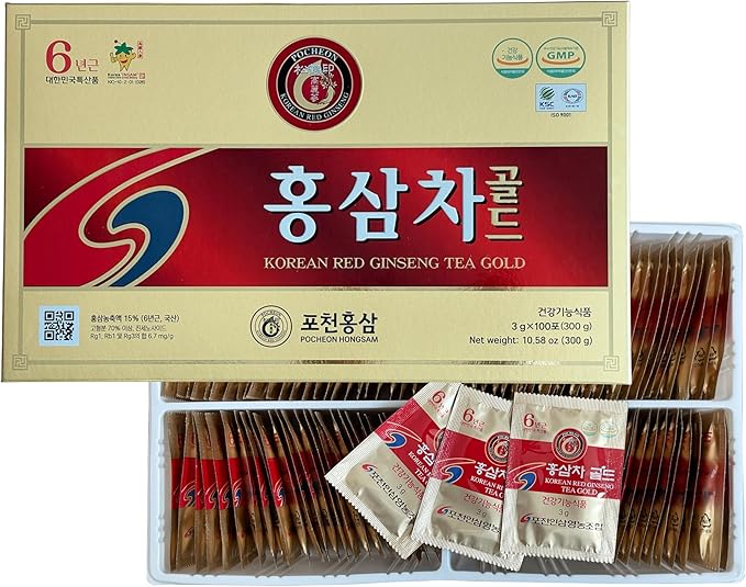 Pocheon 300g(10.6oz), Korean 6Years Panax Red Ginseng Root Extract Tea Gold, 100 Tea Bags, 15% Ginseng Extract, Natural Immune Support