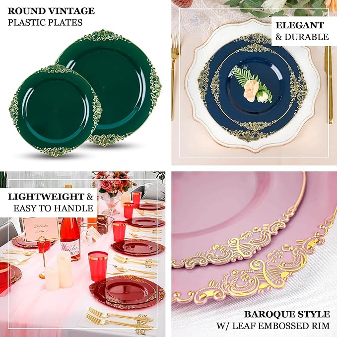 Efavormart 10 Pack | 8" All-Gold Baroque Dessert Plates, Leaf Embossed Metallic Rim Heavy Duty Appetizer Plates for Royal Anniversary Celebrations