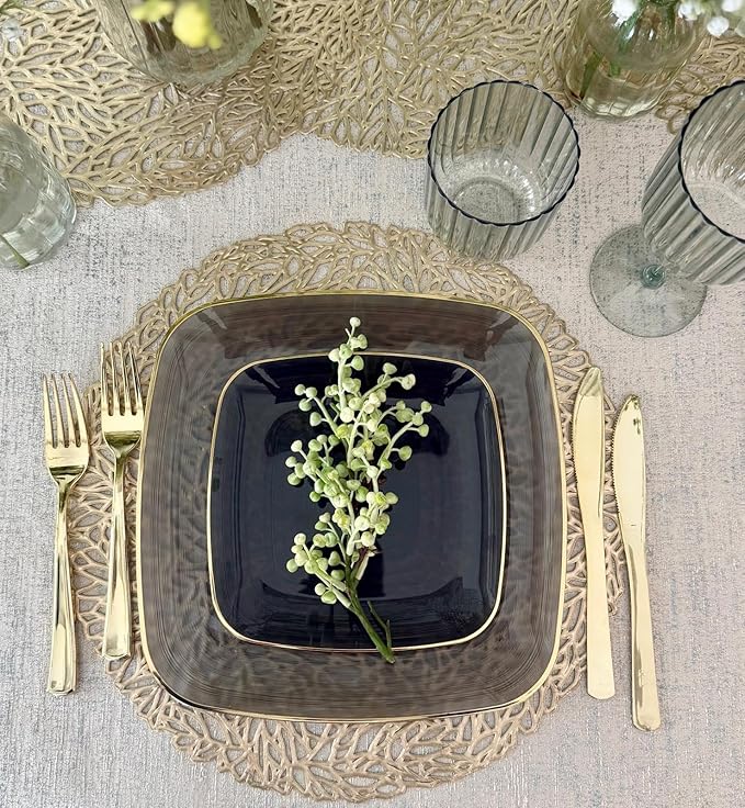 " OCCASIONS " 50 Plates Pack (25 Guests)-Wedding Party Disposable Plastic Plate Set -25 x 10'' Dinner + 25 x 7'' Salad & Dessert plates (Belize Square in Black & Gold)