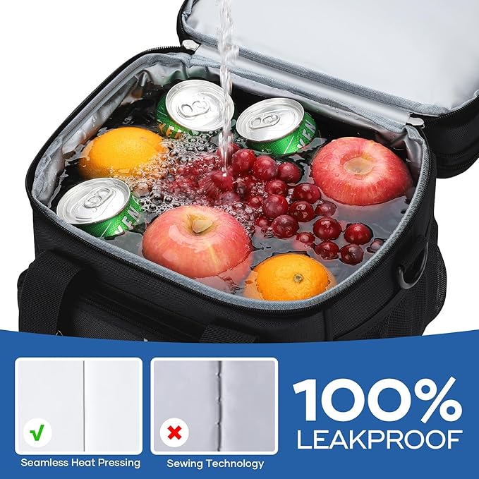 RealCool Lunch Bag, Insulated Lunch Box for Men Women, Double Deck Leakproof Soft Cooler Bag with Adjustable Strap, Reusable Lunchbox for Work, Travel, Camping (Black)