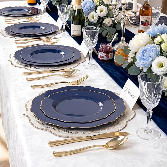 WDF 100pcs Blue Plastic Plates - Baroque Blue&Gold Disposable Plates for Parties/Wedding-50Plastic Dinner Plates 10.25in, 50Salad Plates 7.5in for Party/Birthday/Wedding/Independence Day
