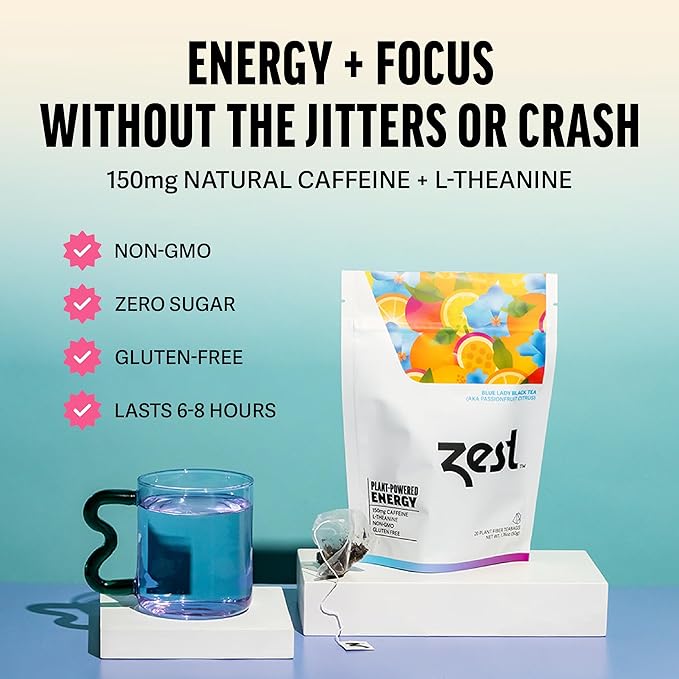 Zest Energy Tea Bags – Blue Lady Passion Fruit Black Tea – High Caffeine Tea for Morning Energy, Focus & Clarity – Natural Caffeinated Tea with 150mg Caffeine – 20Ct Pack – Non-GMO & Keto Friendly