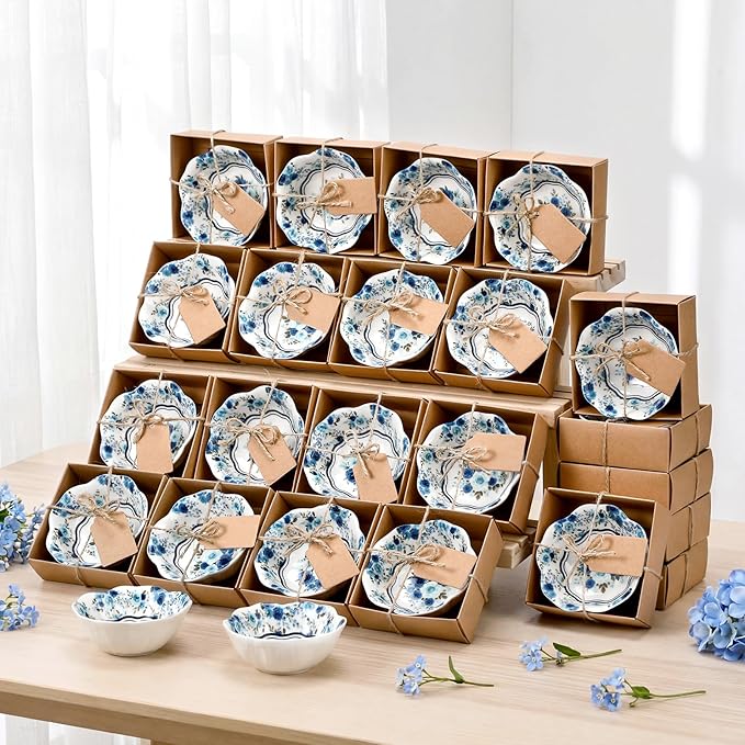 SiliFine 24 Pcs Wedding Favors for Guests Small Ceramic Bowl Bulk Gifts Set 3.3 Inch Floral Design Mini Dipping Sauce Dish with Card Box for Bridal Pooja Baby Shower Birthday (Rose,Blue)
